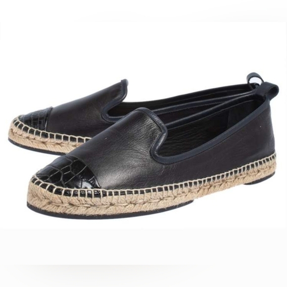 Fendi Leather Black Croc Embossed Cap Toe Junia Espadrilles Flats Size 37 - Picture 1 of 15